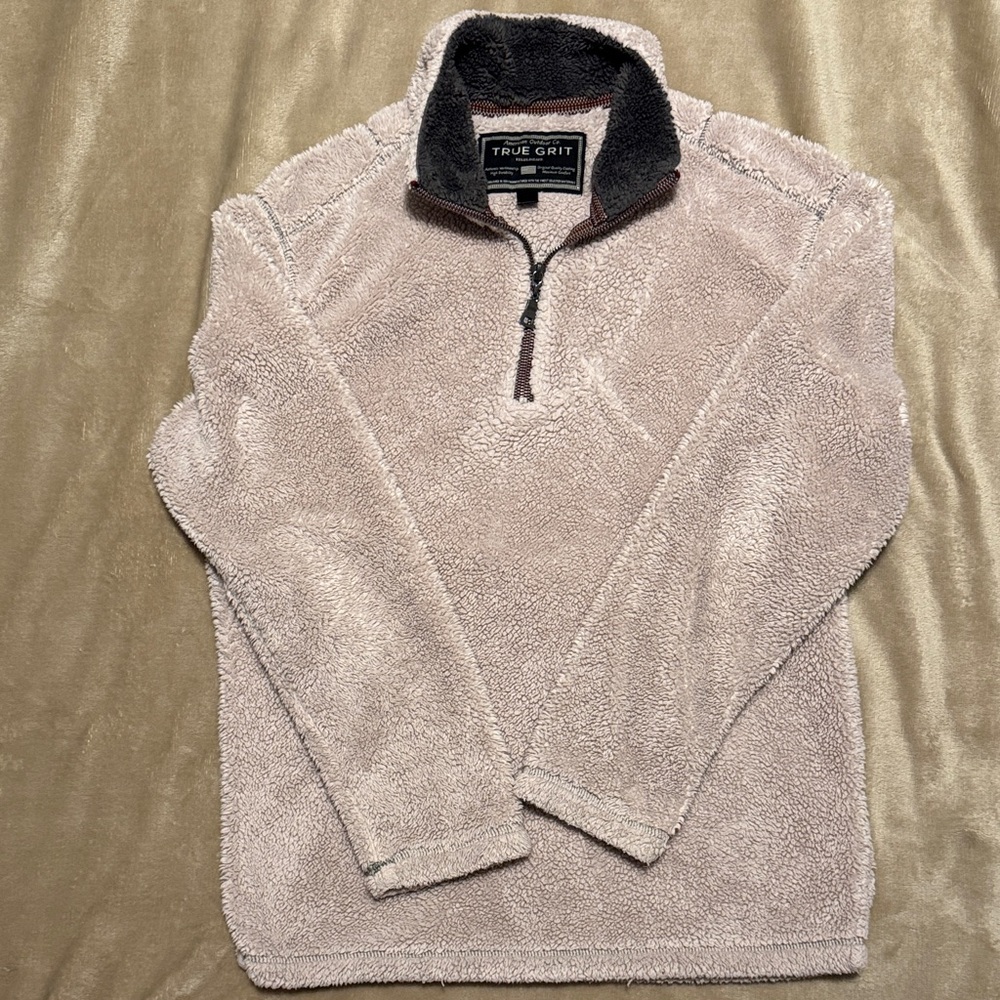 True Grit Beige Sherpa Half-Zip Pullover with Dark Gray Collar